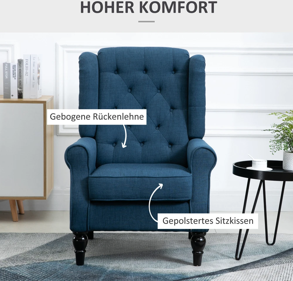 HOMCOM fotelis su „Tufting“ dekoru, aukštu atlošu, paminkštintas poilsio fotelis su užapvalintais porankiais, medinėmis kojelėmis, miegamajam, svetainei, iki 160 kg, mėlynas