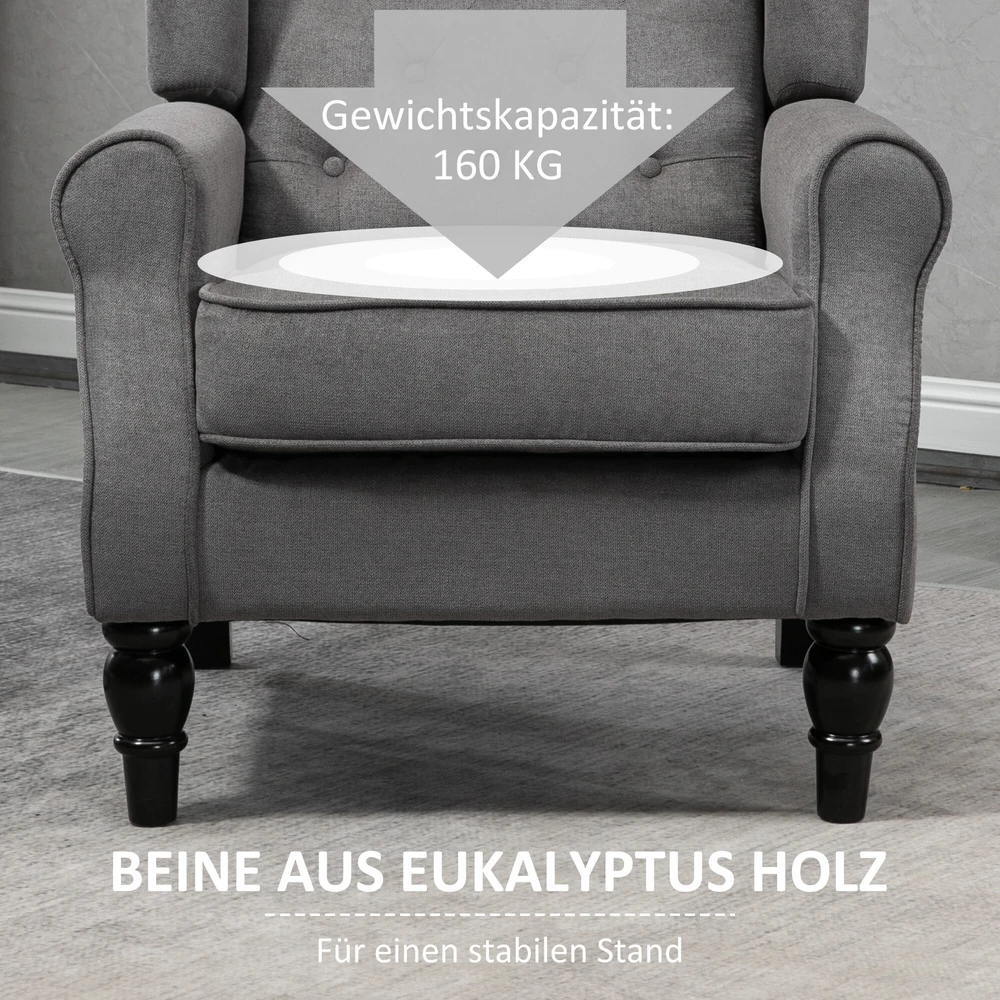 Fotelis HOMCOM vienvietis krėslas, poilsio krėslas, krėslas ausinėmis su kuoduota apdaila, medinės kojelės, poliesteris, tamsiai pilka, 74x86x102 cm
