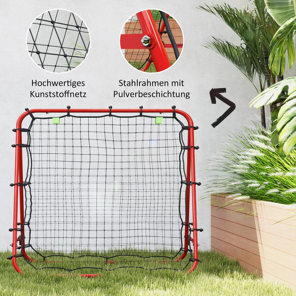 HOMCOM futbolo atšokimo sienelė, tinklas, dvipusis atšokimas, reguliuojamas 5 padėtimis, futbolo treniruotėms, plieno, raudonas, 100 x 95 x 90 cm