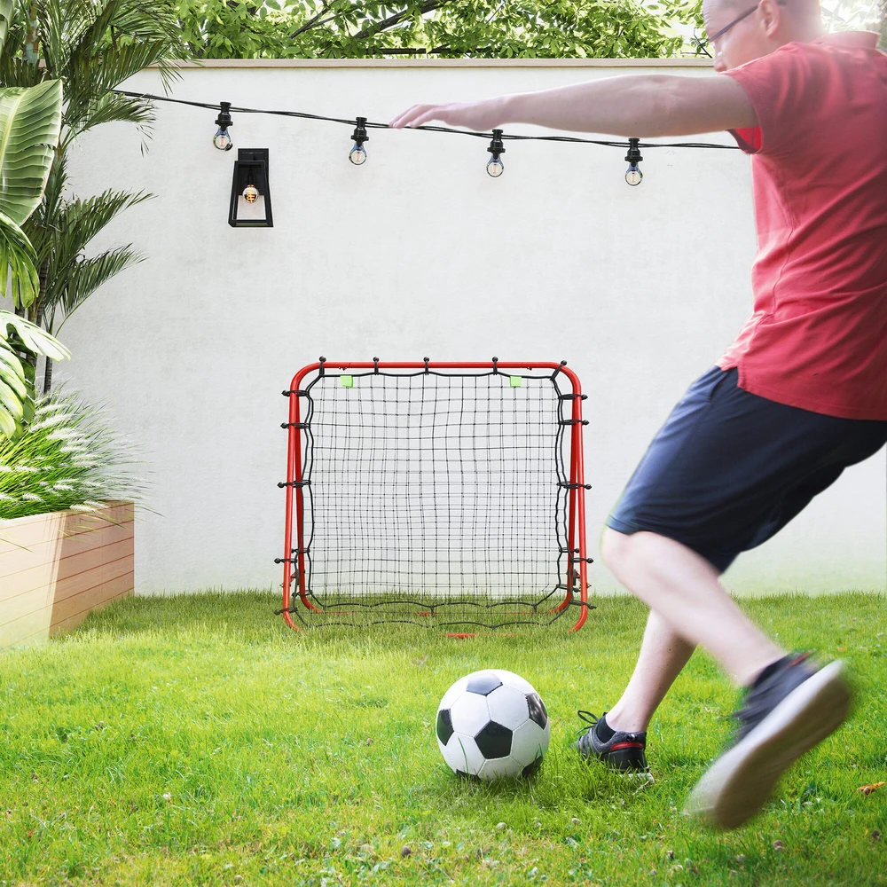 HOMCOM futbolo atšokimo sienelė, tinklas, dvipusis atšokimas, reguliuojamas 5 padėtimis, futbolo treniruotėms, plieno, raudonas, 100 x 95 x 90 cm