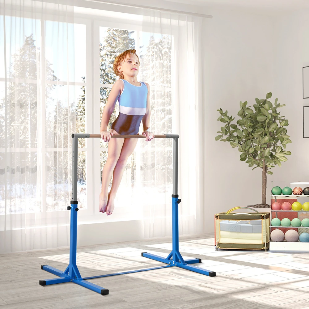 HOMCOM reguliuojamo aukščio gimnastikos skersinis, 13 lygių, iki 75 kg apkrova, plienas ir bukmedis, mėlynas, skirtas gimnastikai ir treniruotėms