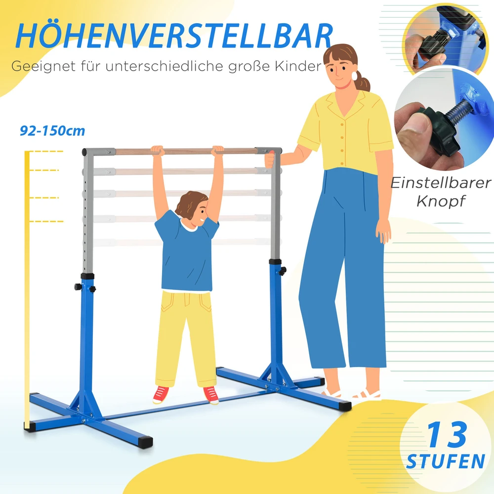HOMCOM reguliuojamo aukščio gimnastikos skersinis, 13 lygių, iki 75 kg apkrova, plienas ir bukmedis, mėlynas, skirtas gimnastikai ir treniruotėms