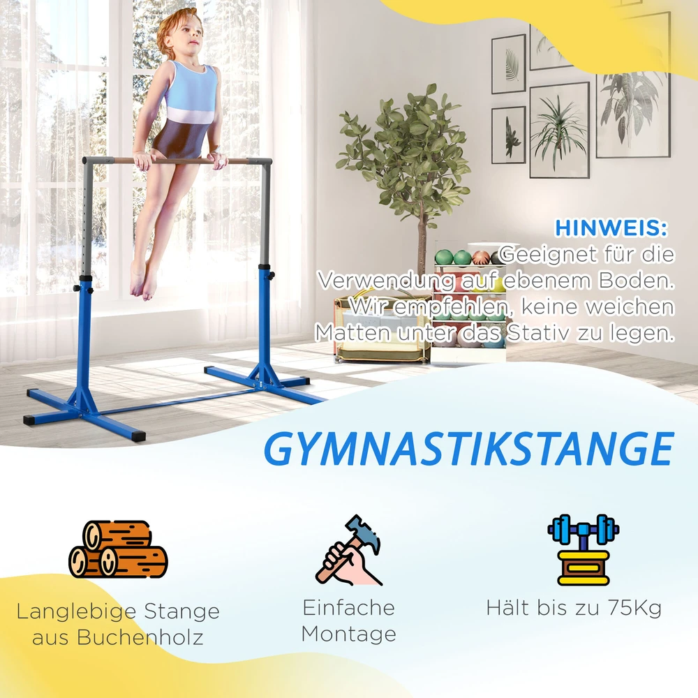 HOMCOM reguliuojamo aukščio gimnastikos skersinis, 13 lygių, iki 75 kg apkrova, plienas ir bukmedis, mėlynas, skirtas gimnastikai ir treniruotėms