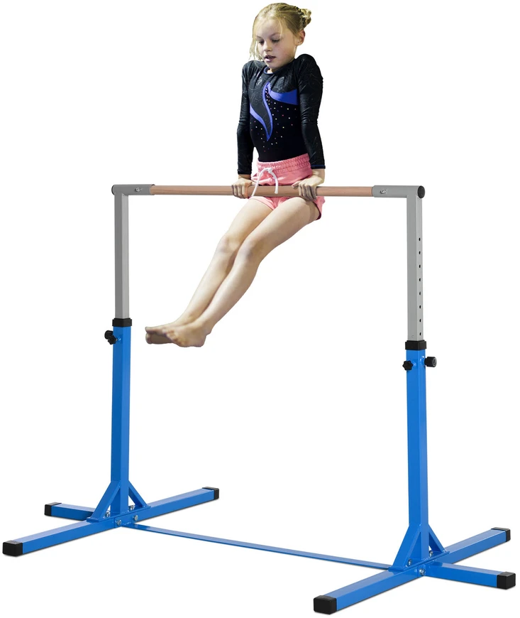HOMCOM reguliuojamo aukščio gimnastikos skersinis, 13 lygių, iki 75 kg apkrova, plienas ir bukmedis, mėlynas, skirtas gimnastikai ir treniruotėms