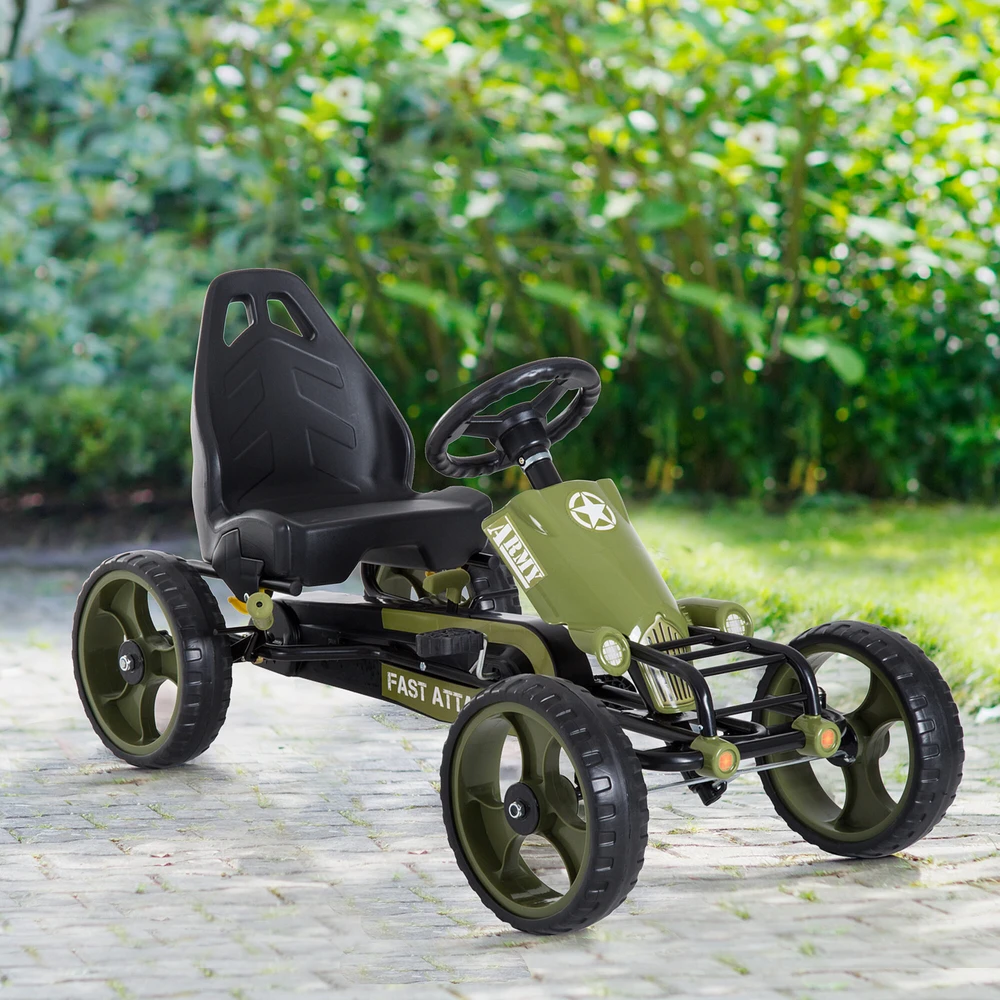HOMCOM vaikiškas minamas kartingas su rankiniu stabdžiu ir reguliuojama sėdyne, nuo 3 metų, žalias, 105 x 54 x 61 cm