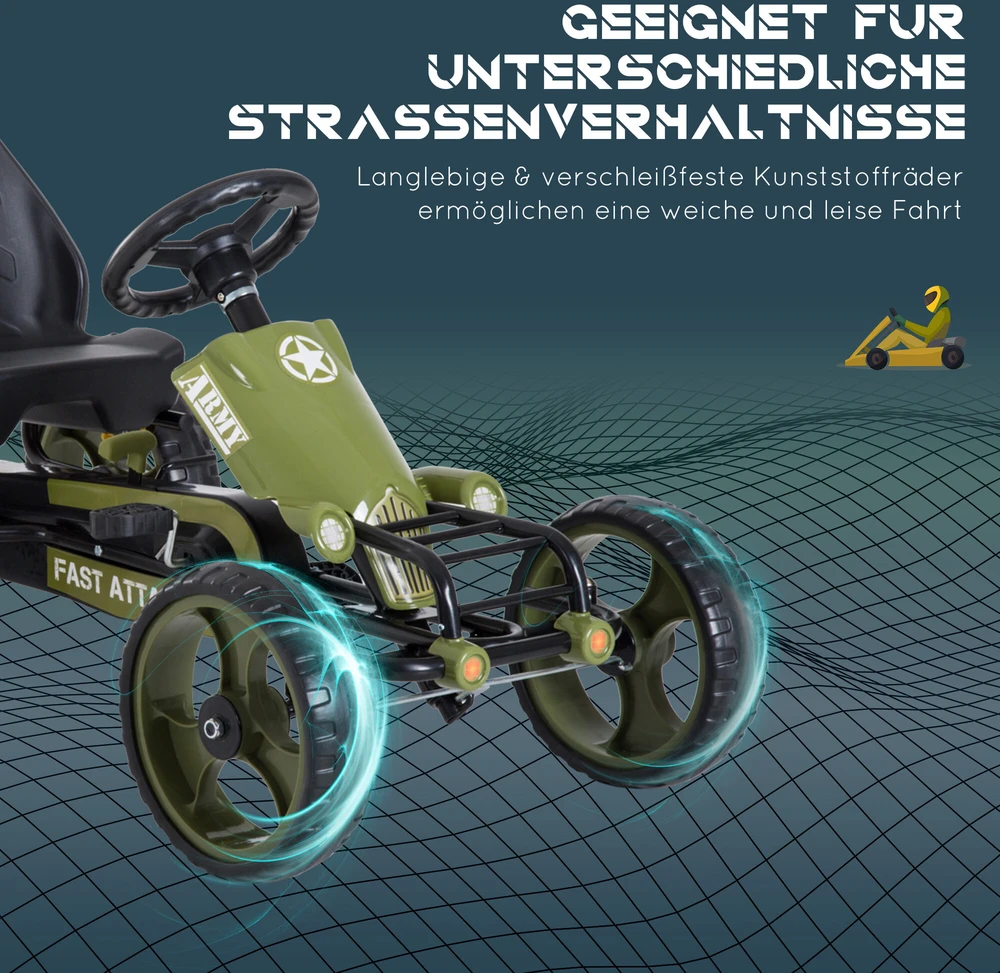 HOMCOM vaikiškas minamas kartingas su rankiniu stabdžiu ir reguliuojama sėdyne, nuo 3 metų, žalias, 105 x 54 x 61 cm