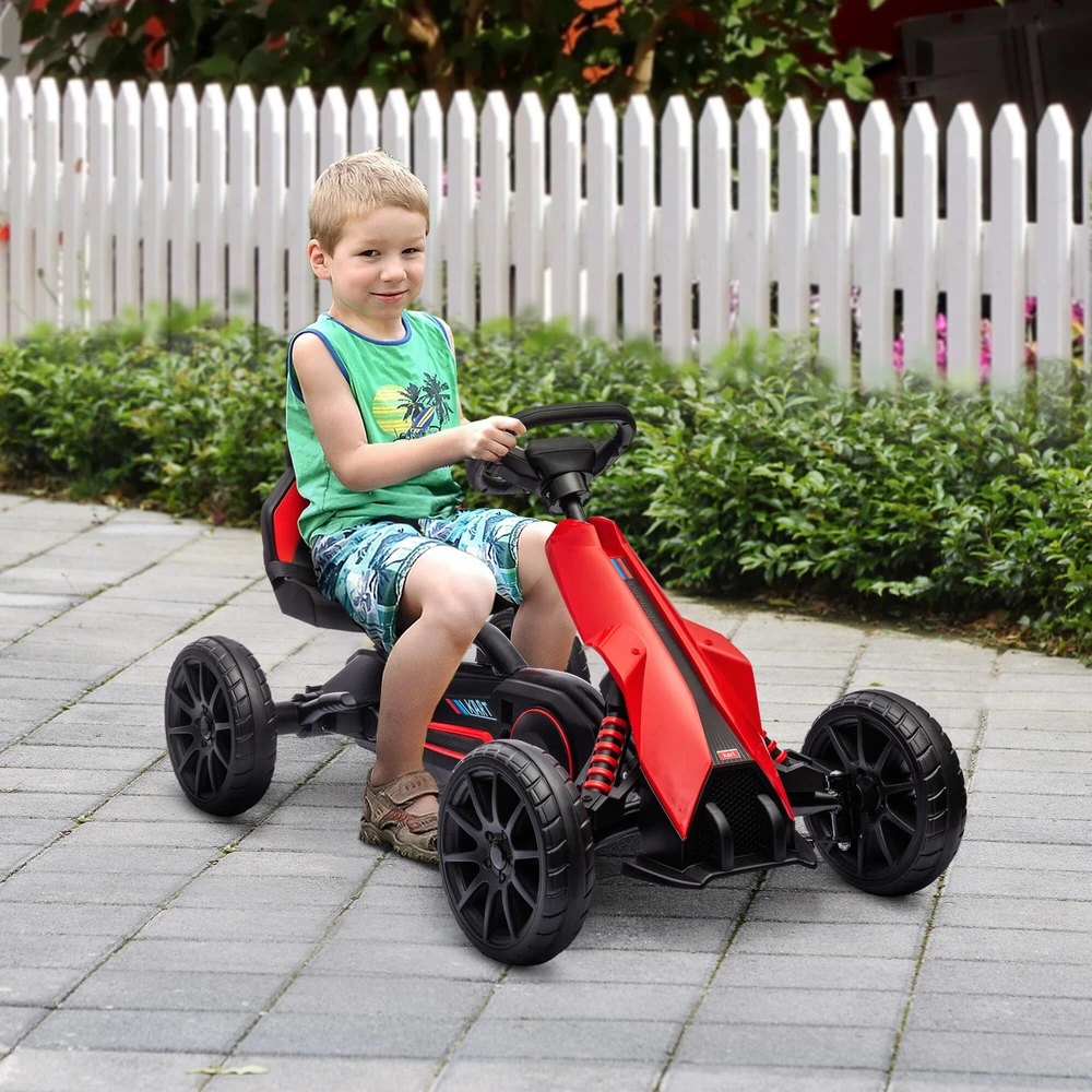 HOMCOM Gokartas, vaikiška transporto priemonė su reguliuojama sėdyne, minamas automobilis su rankiniu stabdžiu, pedalinis automobilis vaikams nuo 3-8 metų