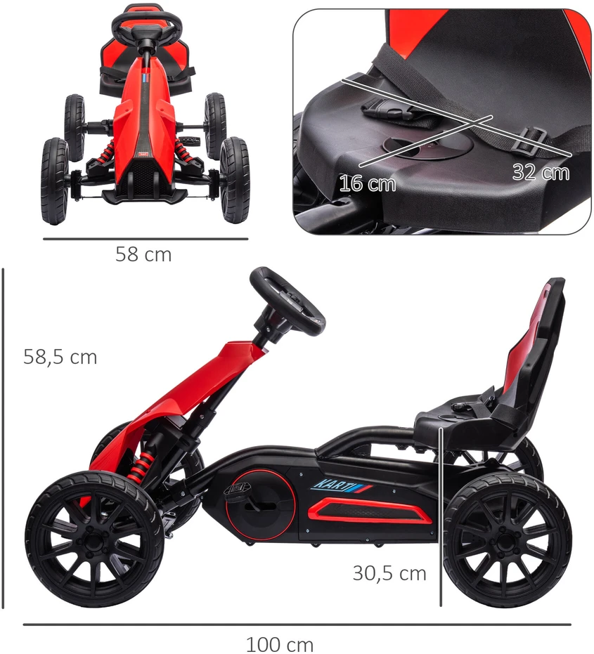 HOMCOM Gokartas, vaikiška transporto priemonė su reguliuojama sėdyne, minamas automobilis su rankiniu stabdžiu, pedalinis automobilis vaikams nuo 3-8 metų