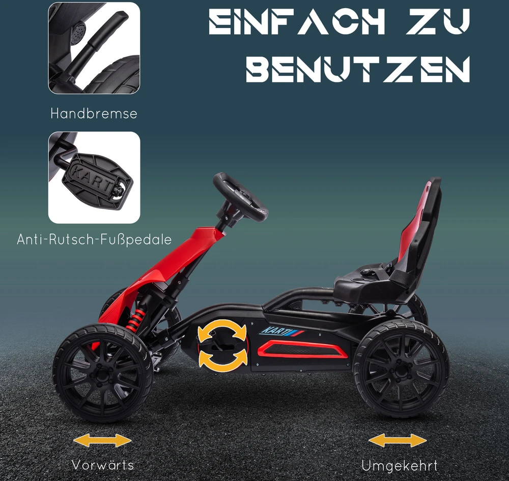 HOMCOM Gokartas, vaikiška transporto priemonė su reguliuojama sėdyne, minamas automobilis su rankiniu stabdžiu, pedalinis automobilis vaikams nuo 3-8 metų