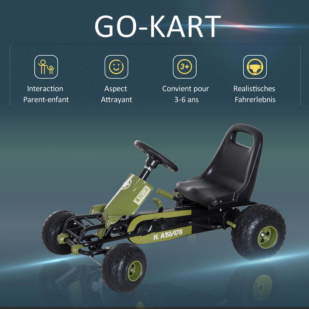 HOMCOM vaikiškas kartingas, pedalinis automobilis su rankiniu stabdžiu, nuo 3 metų, žalias, 99x65x56 cm