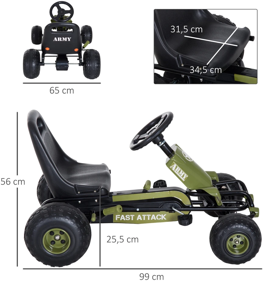HOMCOM vaikiškas kartingas, pedalinis automobilis su rankiniu stabdžiu, nuo 3 metų, žalias, 99x65x56 cm