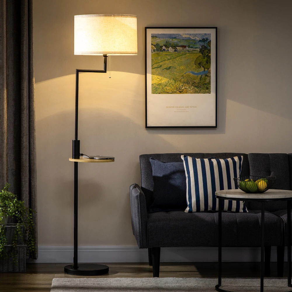 HOMCOM toršeras, pastatoma lempa su lentynėle, 40 W lempa su USB jungtimi, pastatomas šviestuvas, plienas, kreminė spalva, Ø40 x 168 cm, lemputė nepridedama