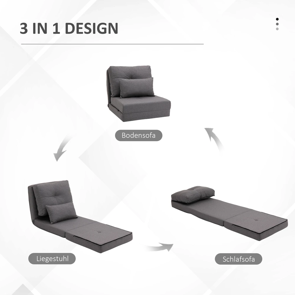 HOMCOM grindų fotelis, 2-in-1 sulankstoma lova su reguliuojamu atlošu, grindų sofa su dekoratyvine pagalve, lininis, grindų sėdmaišis