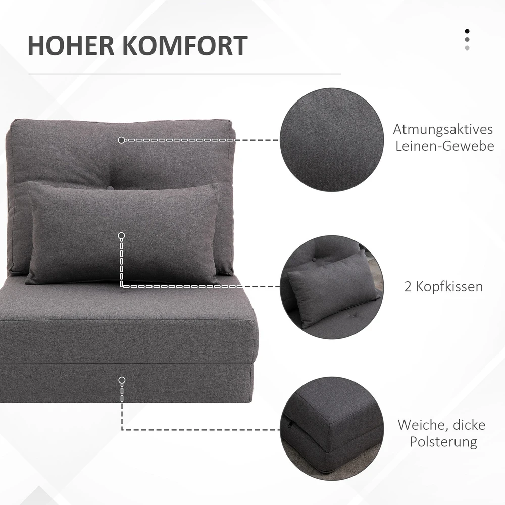 HOMCOM grindų fotelis, 2-in-1 sulankstoma lova su reguliuojamu atlošu, grindų sofa su dekoratyvine pagalve, lininis, grindų sėdmaišis