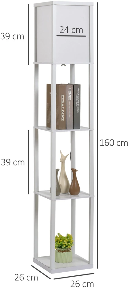 HOMCOM pastatomas šviestuvas, elegantiška lempa su 3 lentynomis, E27 iki 40W, svetainei/miegamajam, E1-MDF ir akrilas, balta, 26x26x160cm