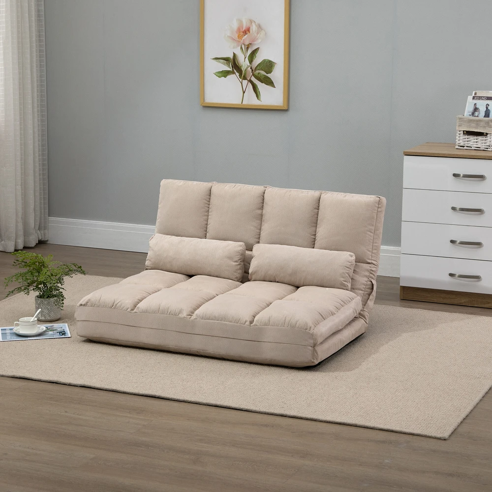 Fotelis HOMCOM 2-in-1 grindų sėdynė, sofa-lova su 3 padėčių reguliuojamu atlošu, aksominė, smėlio spalvos, 102x73x60 cm