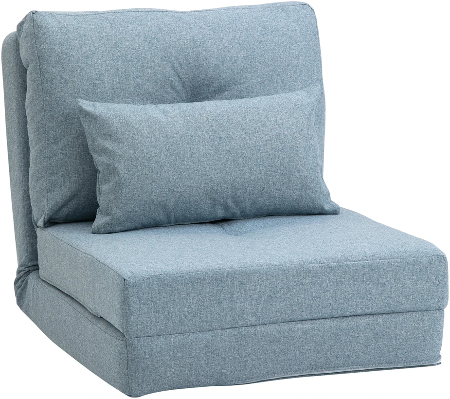 HOMCOM 2-in-1 grindų fotelis-lova su reguliuojamu atlošu, grindų sofa su dekoratyvine pagalve, skirta svetainei ar miegamajam, lininis, dangaus mėlynos spalvos