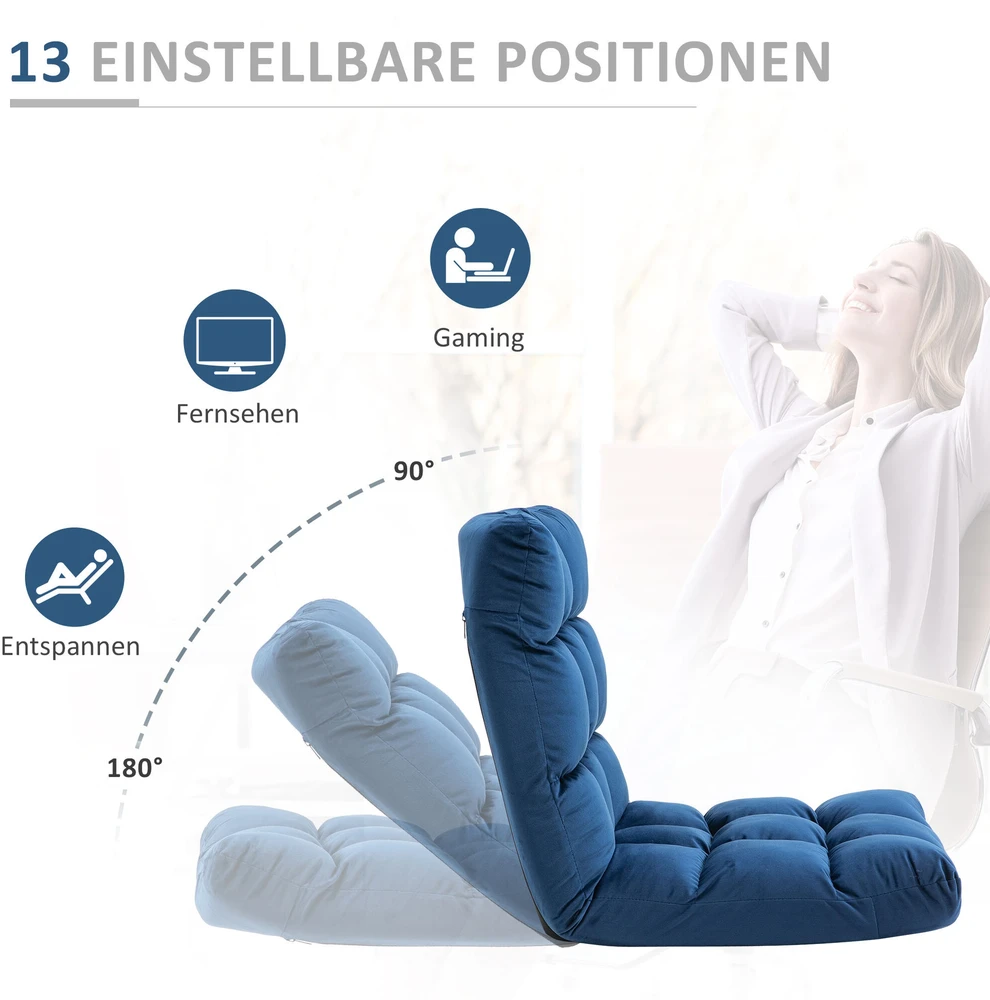 Fotelis HOMCOM Grindų kėdė 3-in-1 Sulankstoma grindų kėdė su atlošu, 13 padėčių, sėdynės pagalvėlė, metalas, putplastis, 55x71x53,5cm