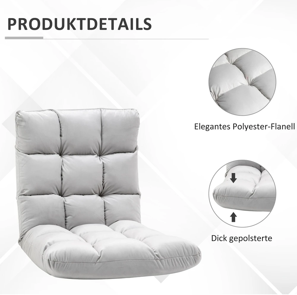 Fotelis HOMCOM grindų kėdė "3-in-1", sulankstoma, reguliuojamas atlošas, 13 padėčių, sulankstomas gulmaišis, pilkas metalinis putplastis, 55x71x53,5 cm
