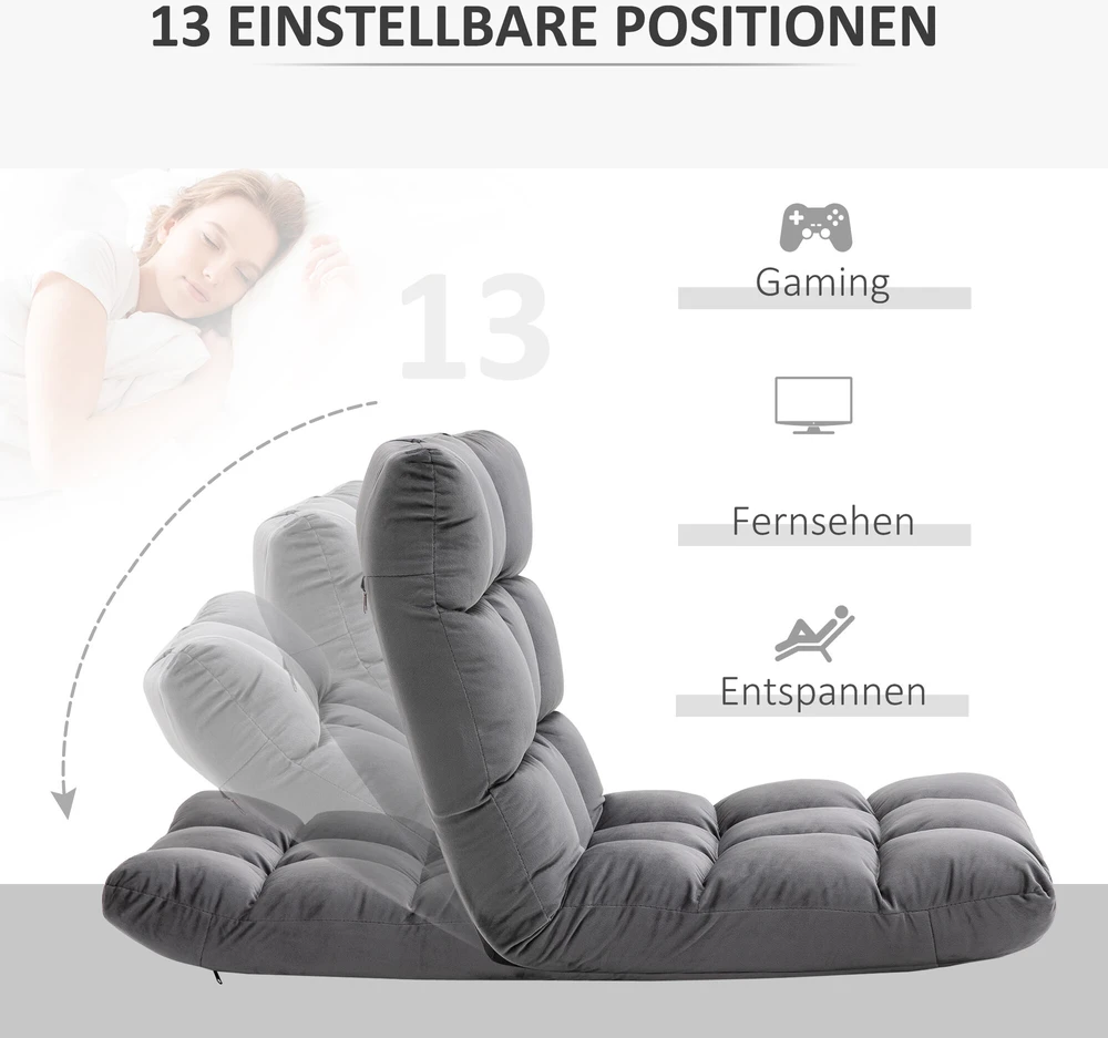 HOMCOM 3-in-1 sulankstoma grindų kėdė, reguliuojamas atlošas su 13 padėčių, sulankstomas gultas, sėdynės pagalvė, metalas, putplastis, 55 x 71 x 53,5 cm