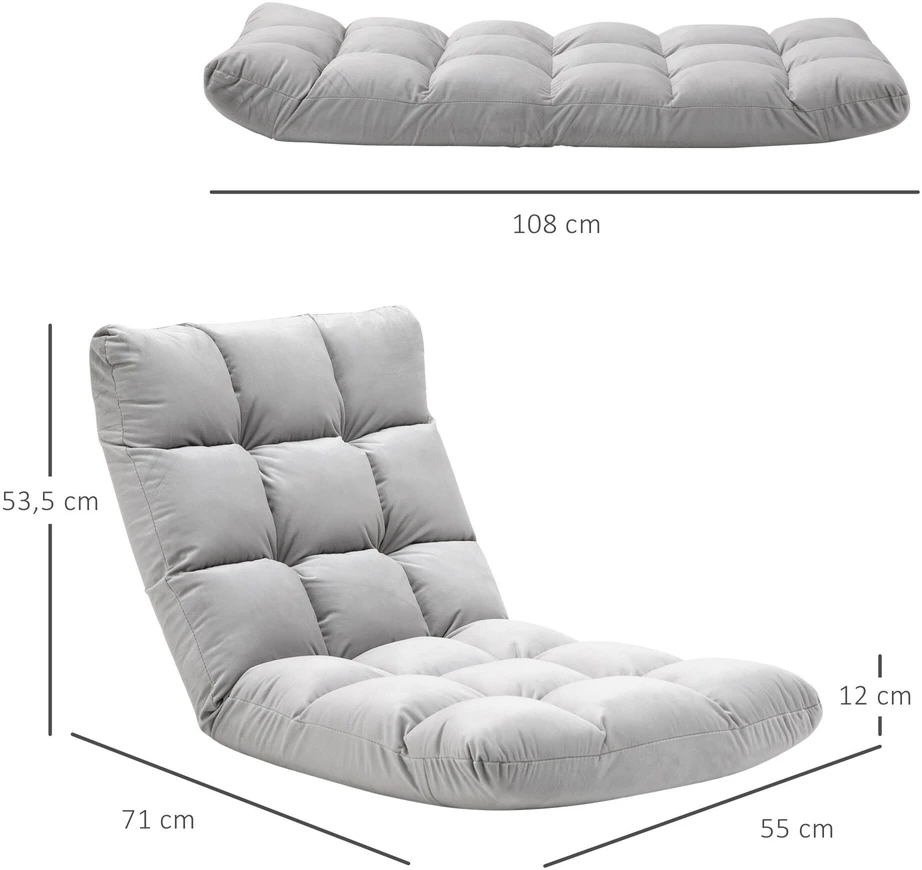 Fotelis HOMCOM grindų kėdė "3-in-1", sulankstoma, reguliuojamas atlošas, 13 padėčių, sulankstomas gulmaišis, pilkas metalinis putplastis, 55x71x53,5 cm