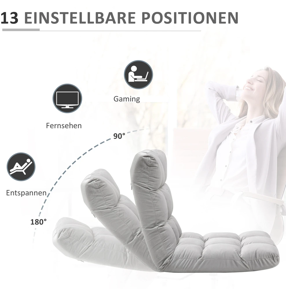 Fotelis HOMCOM grindų kėdė "3-in-1", sulankstoma, reguliuojamas atlošas, 13 padėčių, sulankstomas gulmaišis, pilkas metalinis putplastis, 55x71x53,5 cm