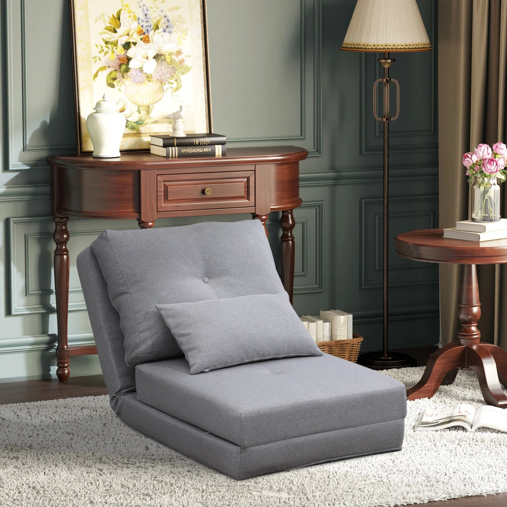 HOMCOM 2-in-1 sulankstomas grindų fotelis-lova su reguliuojamu atlošu, grindų sofa su dekoratyvine pagalve, grindų sėdimoji pagalvė svetainei, miegamajam, lininis, pilkas