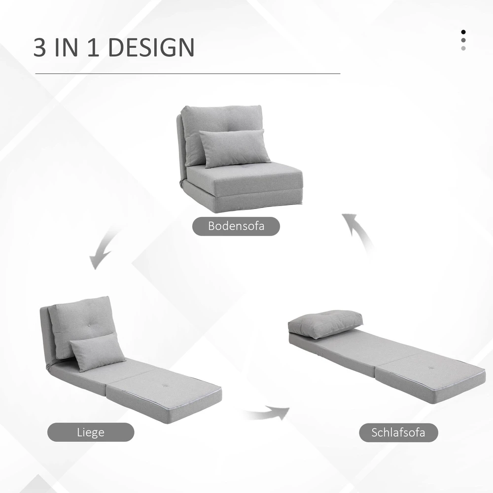HOMCOM 2-in-1 sulankstomas grindų fotelis-lova su reguliuojamu atlošu, grindų sofa su dekoratyvine pagalve, grindų sėdimoji pagalvė svetainei, miegamajam, lininis, pilkas