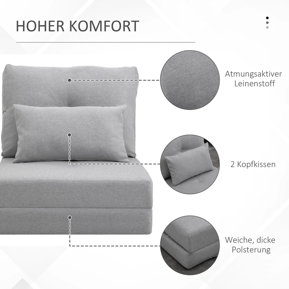 HOMCOM 2-in-1 sulankstomas grindų fotelis-lova su reguliuojamu atlošu, grindų sofa su dekoratyvine pagalve, grindų sėdimoji pagalvė svetainei, miegamajam, lininis, pilkas