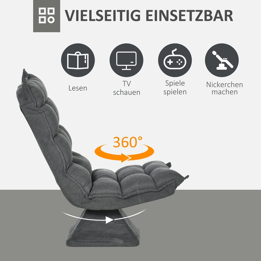HOMCOM grindų kėdė, grindų sofa su reguliuojamu atlošu, besisukantis poilsio krėslas, sėdmaišis svetainei, biurui, mikropluoštas, pilka