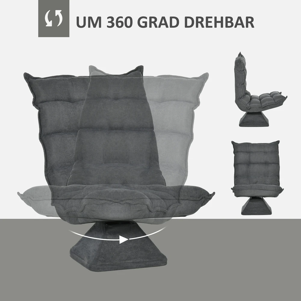 HOMCOM grindų kėdė, grindų sofa su reguliuojamu atlošu, besisukantis poilsio krėslas, sėdmaišis svetainei, biurui, mikropluoštas, pilka