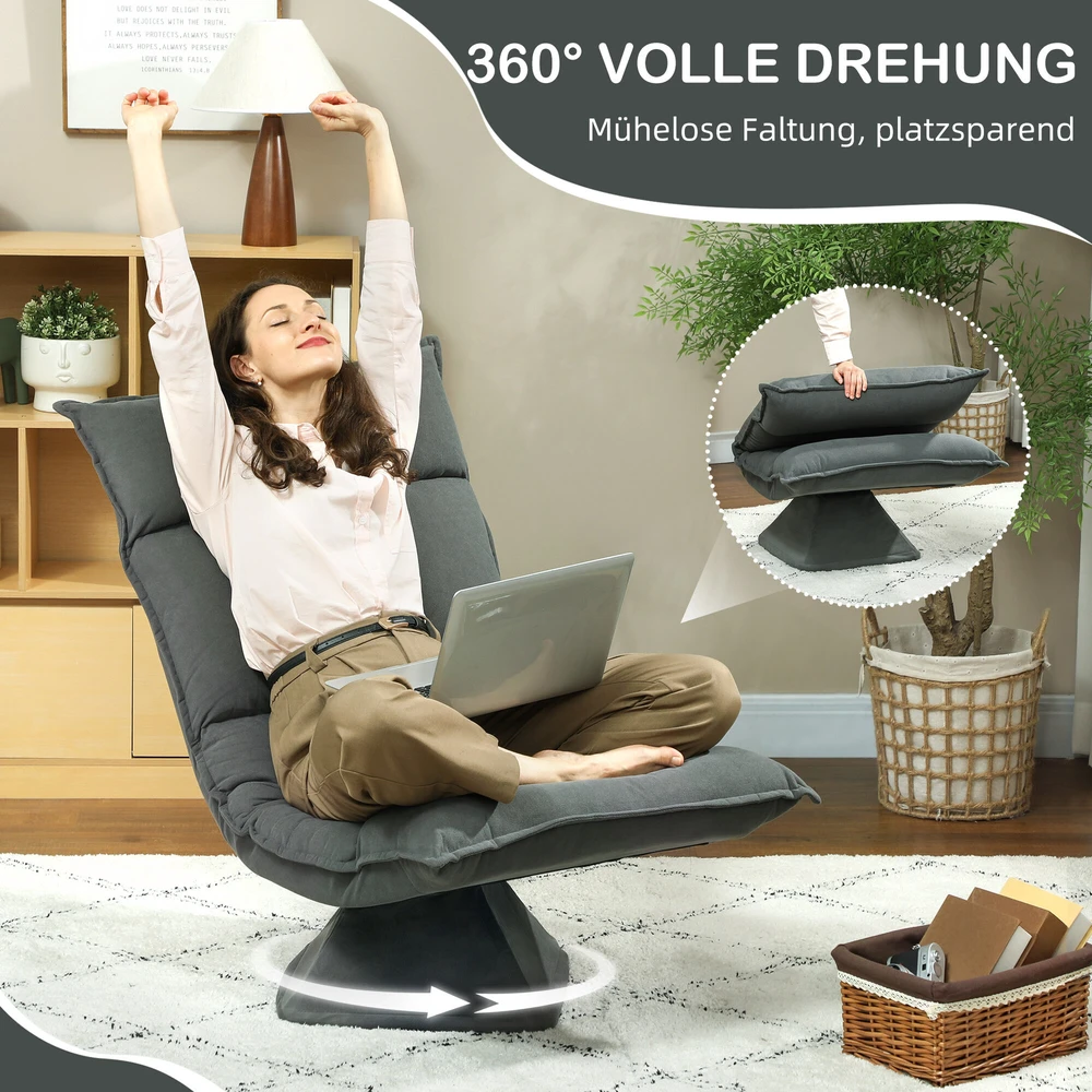 HOMCOM grindų kėdė, 360° besisukanti, su 5 padėčių reguliuojamu atlošu, sulankstoma grindų sofa, paminkštinta meditacijos kėdė, „Lazy Sofa“ svetainei, žaidimams ir skaitymui, tamsiai pilka