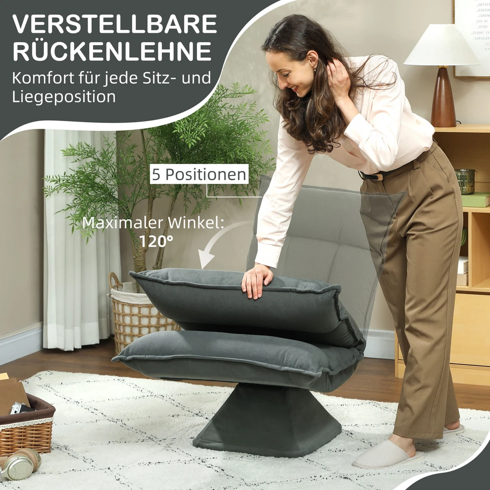 HOMCOM grindų kėdė, 360° besisukanti, su 5 padėčių reguliuojamu atlošu, sulankstoma grindų sofa, paminkštinta meditacijos kėdė, „Lazy Sofa“ svetainei, žaidimams ir skaitymui, tamsiai pilka