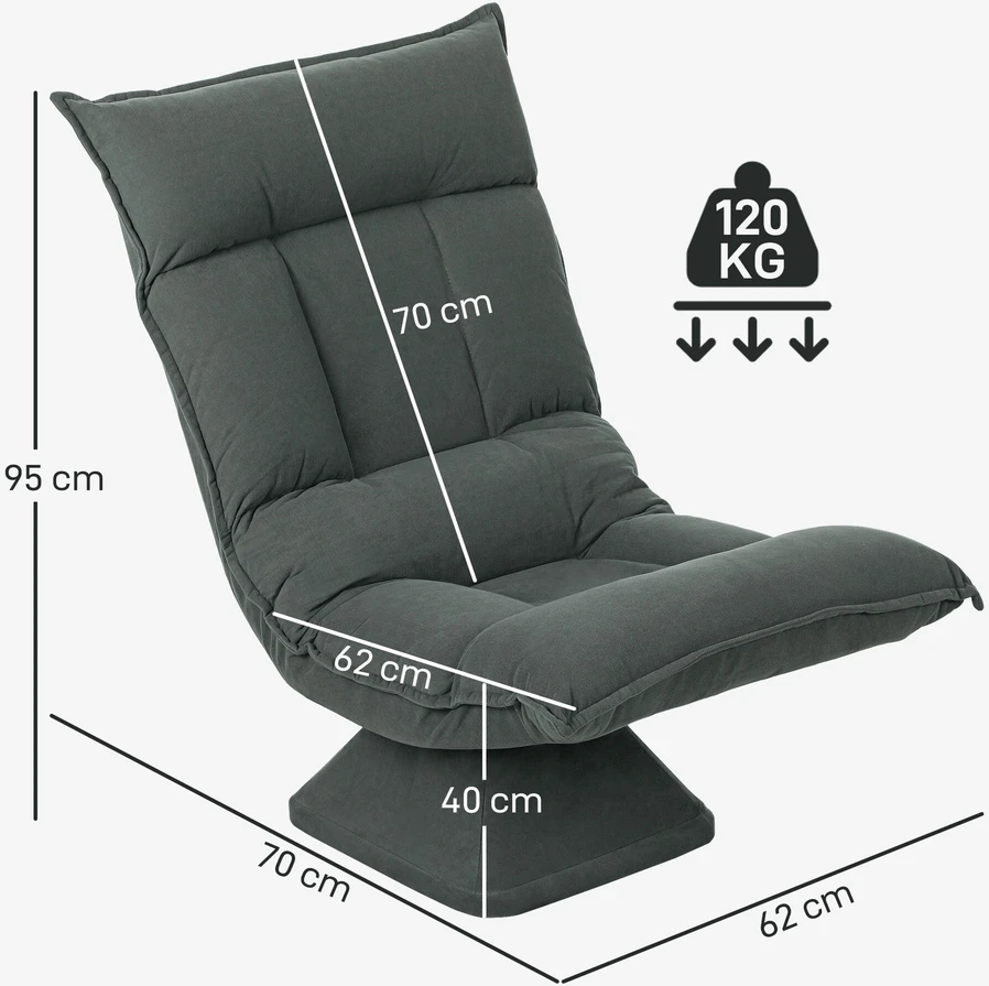 HOMCOM grindų kėdė, 360° besisukanti, su 5 padėčių reguliuojamu atlošu, sulankstoma grindų sofa, paminkštinta meditacijos kėdė, „Lazy Sofa“ svetainei, žaidimams ir skaitymui, tamsiai pilka
