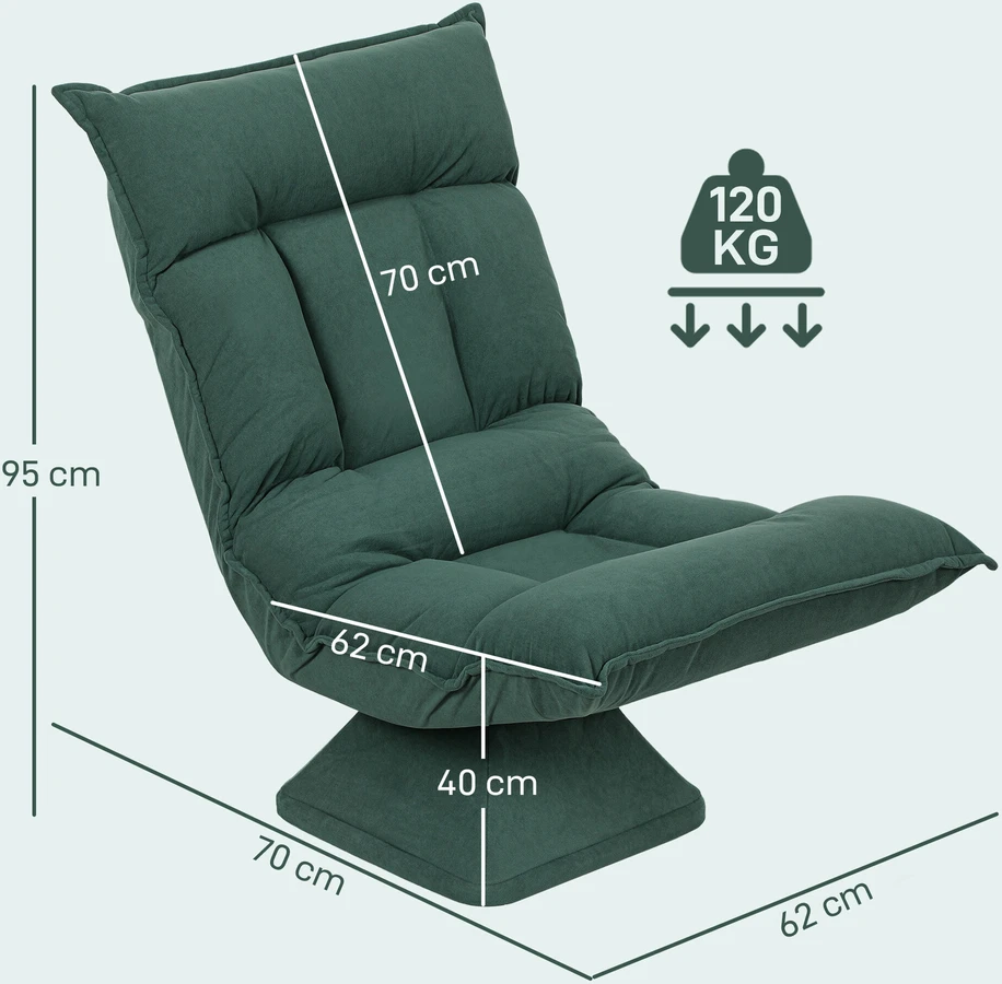 HOMCOM grindų kėdė 360° besisukanti, su 5 padėčių reguliuojamu atlošu, sulankstoma grindų sofa, meditacijos kėdė, paminkštinta „Lazy“ sofa svetainei, žaidimams ir skaitymui, žalia