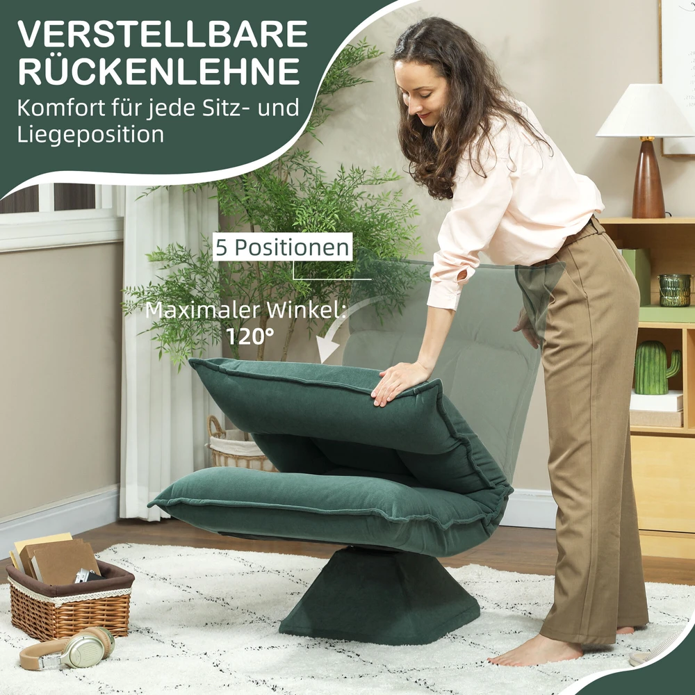 HOMCOM grindų kėdė 360° besisukanti, su 5 padėčių reguliuojamu atlošu, sulankstoma grindų sofa, meditacijos kėdė, paminkštinta „Lazy“ sofa svetainei, žaidimams ir skaitymui, žalia