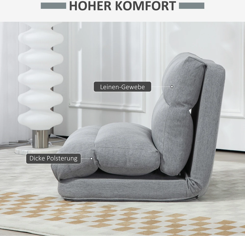 HOMCOM grindinis krėslas su 6 padėčių reguliuojamu atlošu, sulankstomas meditacijos krėslas, lininio audinio išvaizda, paminkštinta grindų sofa svetainei, miegamajam, pilkas