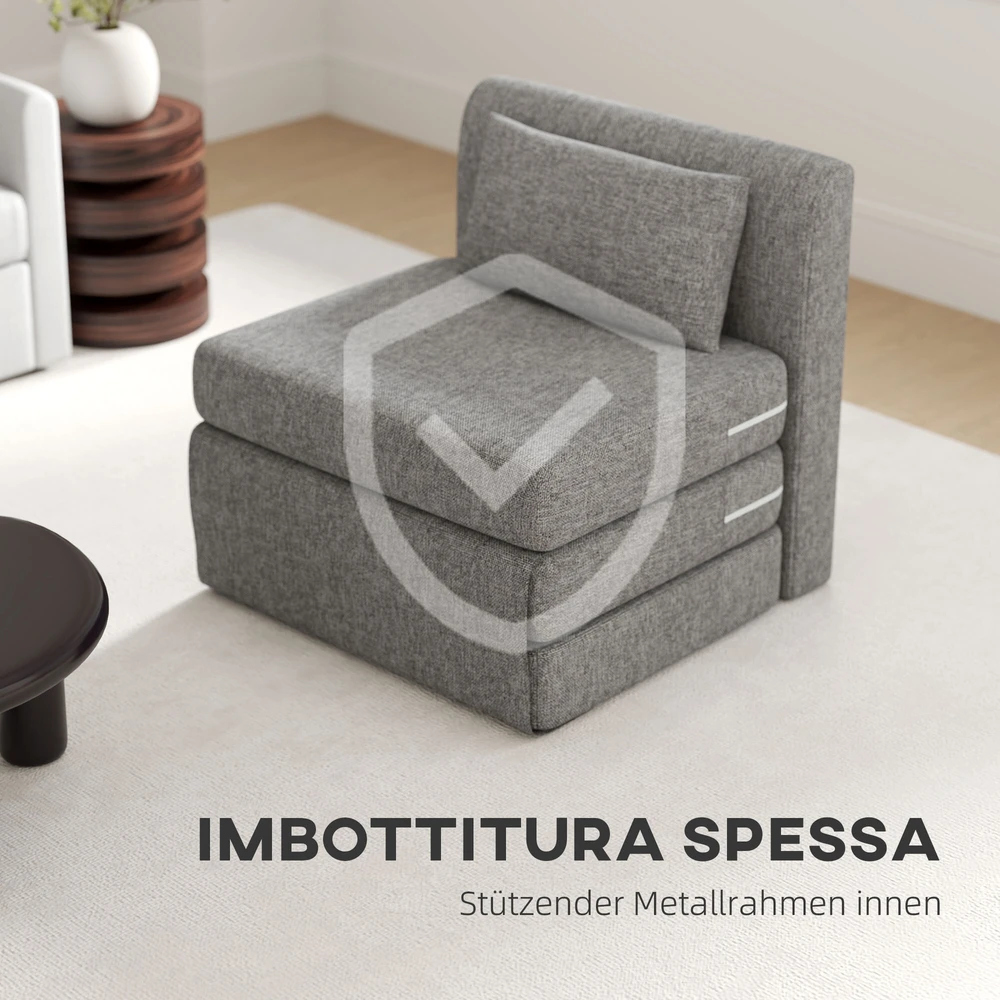 HOMCOM 2-in-1 sulankstomas grindų fotelis, sofos lova su lino audinio išvaizda, paminkštinta grindų kėdė, atlaikanti iki 240 kg, svetainei, miegamajam, pilka