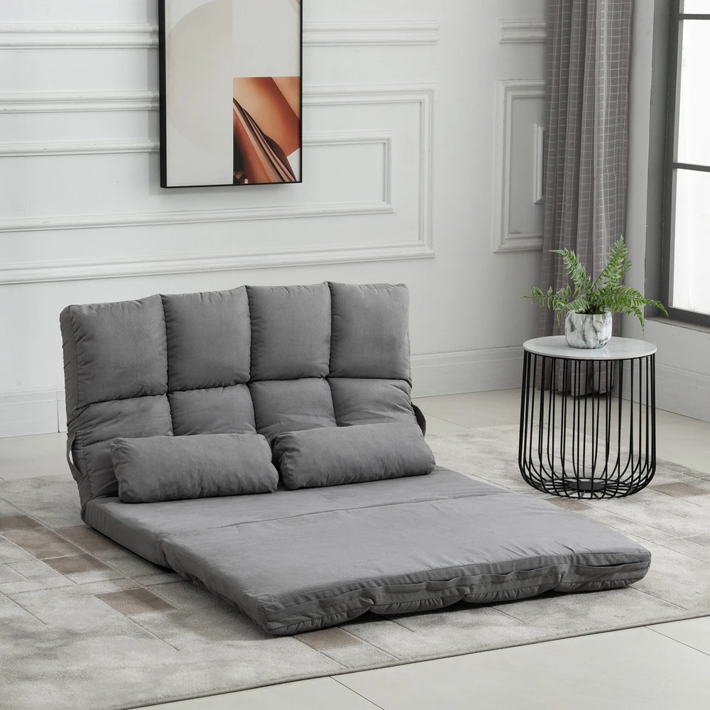 Fotelis HOMCOM 2-in-1 grindų kėdė ir lova su atlošu, 3 reguliuojamos padėtys, sėdynės pagalvėlė, pilka, aksomas ir plienas, 102x73x60 cm