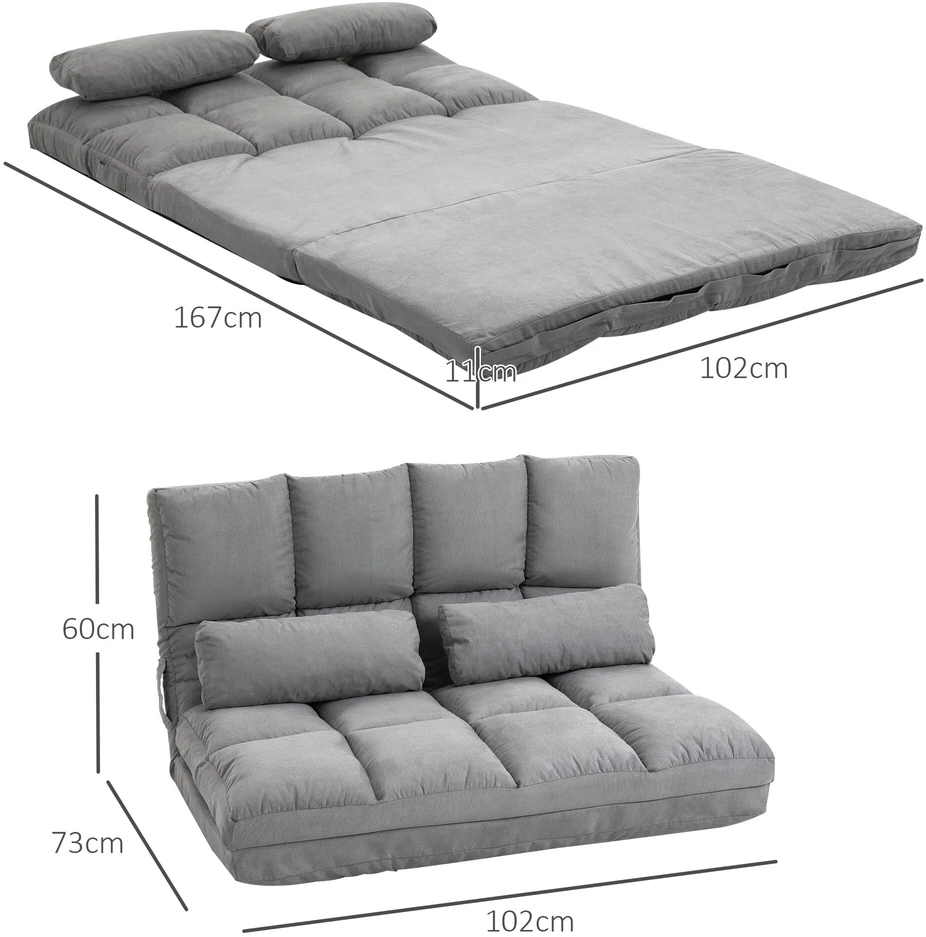 Fotelis HOMCOM 2-in-1 grindų kėdė ir lova su atlošu, 3 reguliuojamos padėtys, sėdynės pagalvėlė, pilka, aksomas ir plienas, 102x73x60 cm