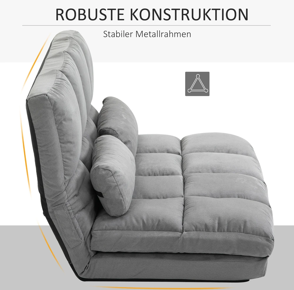 Fotelis HOMCOM 2-in-1 grindų kėdė ir lova su atlošu, 3 reguliuojamos padėtys, sėdynės pagalvėlė, pilka, aksomas ir plienas, 102x73x60 cm