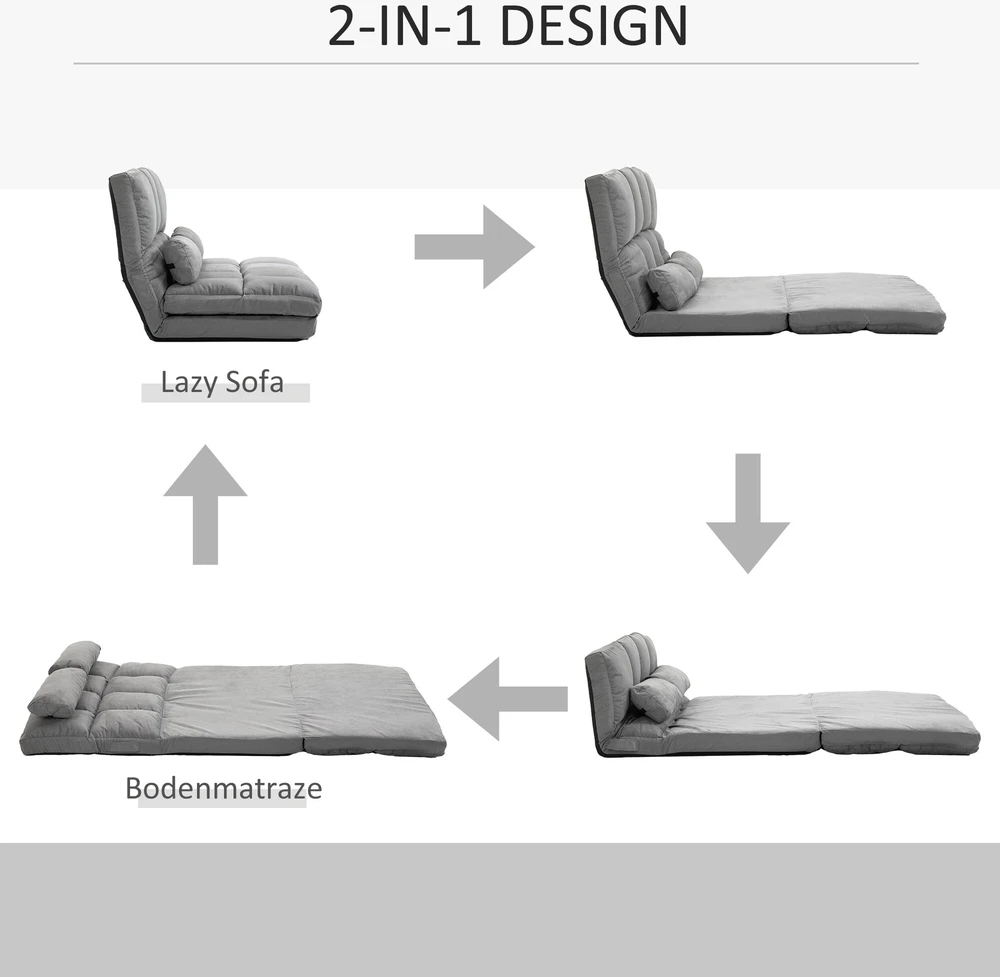 Fotelis HOMCOM 2-in-1 grindų kėdė ir lova su atlošu, 3 reguliuojamos padėtys, sėdynės pagalvėlė, pilka, aksomas ir plienas, 102x73x60 cm