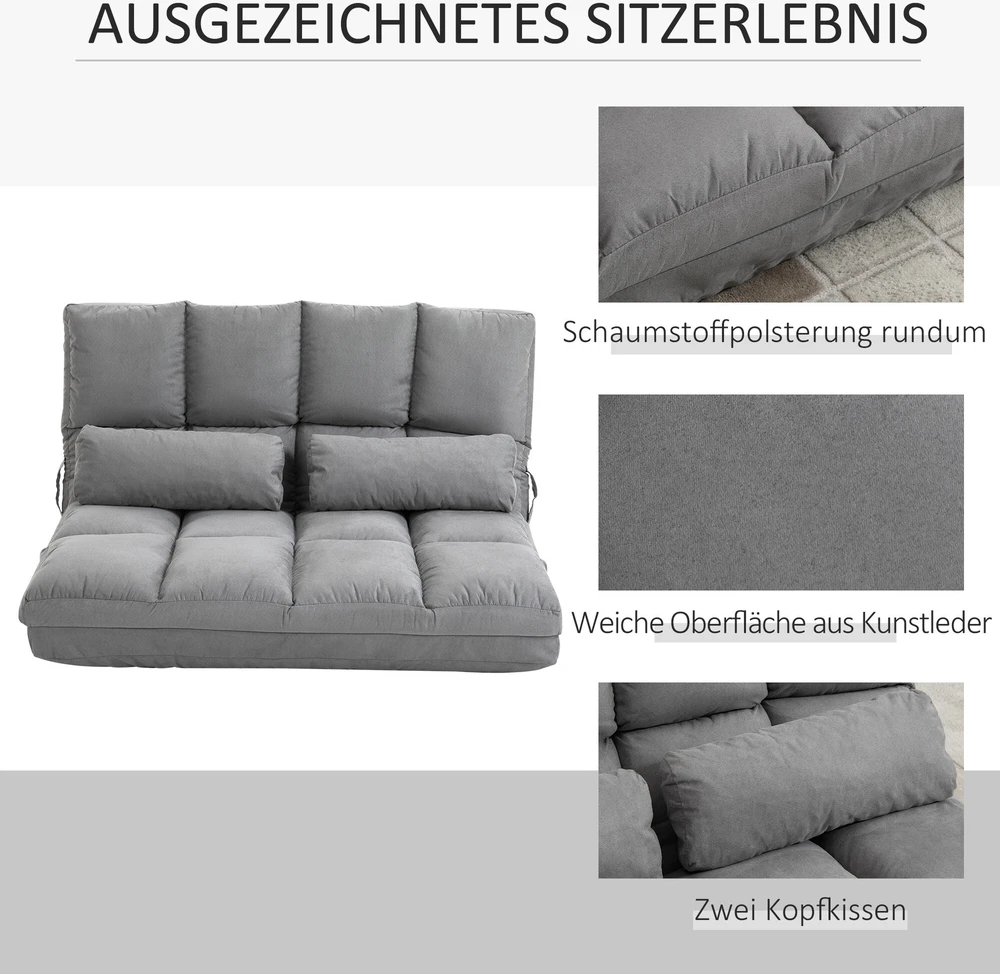 Fotelis HOMCOM 2-in-1 grindų kėdė ir lova su atlošu, 3 reguliuojamos padėtys, sėdynės pagalvėlė, pilka, aksomas ir plienas, 102x73x60 cm