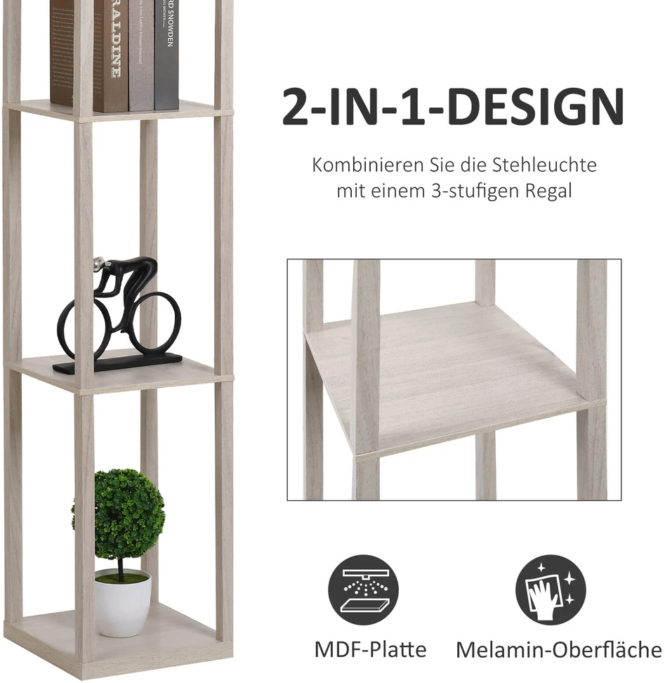 HOMCOM pastatomas šviestuvas su 3 lentynomis, grindinis šviestuvas, vidaus apšvietimas, E27, iki 40W, E1-MDF, akrilas, ąžuolo ir baltos spalvos, 26x26x160 cm