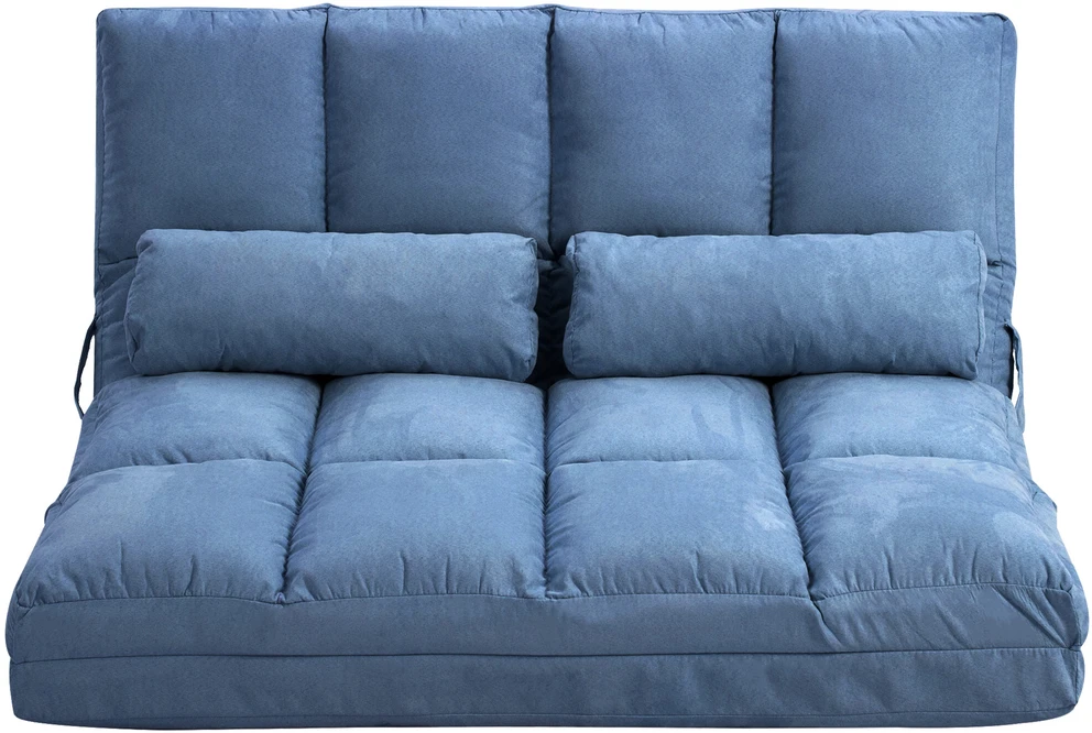 Sofa HOMCOM grindų kėdė 2in1 grindų fotelis sulankstomas lovos atlošas 3 padėtys reguliuojama sėdynės pagalvėlė aksomas plienas mėlyna 102x73x60cm