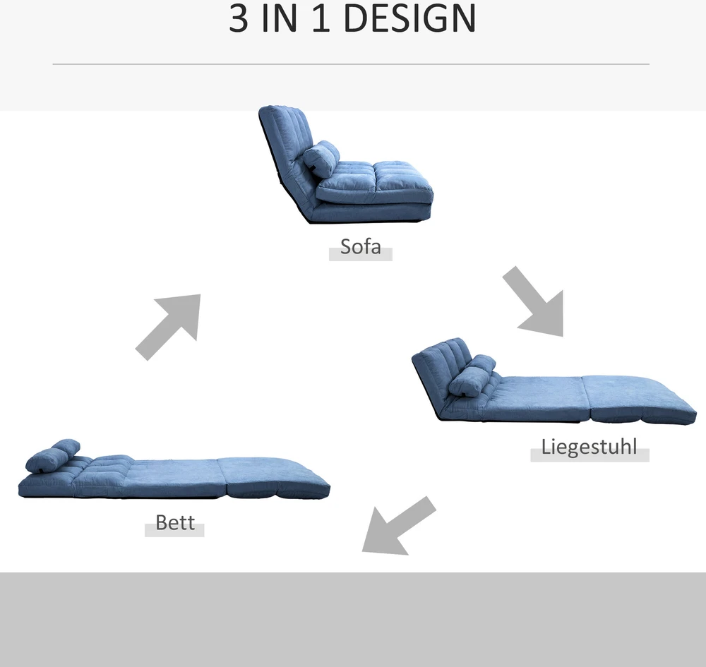 Sofa HOMCOM grindų kėdė 2in1 grindų fotelis sulankstomas lovos atlošas 3 padėtys reguliuojama sėdynės pagalvėlė aksomas plienas mėlyna 102x73x60cm