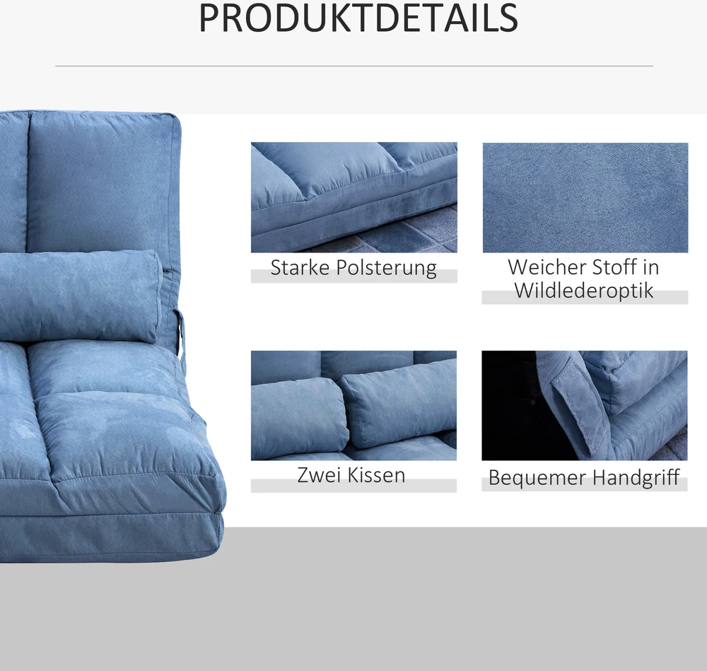 Sofa HOMCOM grindų kėdė 2in1 grindų fotelis sulankstomas lovos atlošas 3 padėtys reguliuojama sėdynės pagalvėlė aksomas plienas mėlyna 102x73x60cm