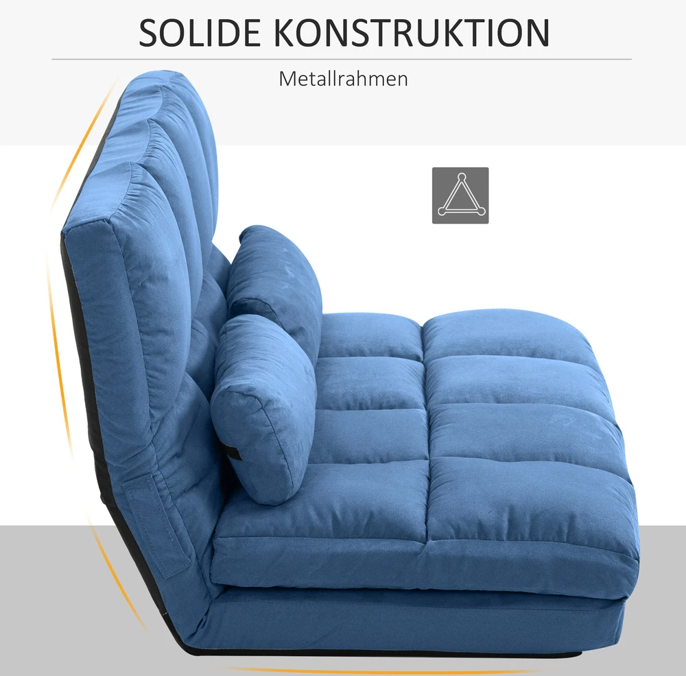 Sofa HOMCOM grindų kėdė 2in1 grindų fotelis sulankstomas lovos atlošas 3 padėtys reguliuojama sėdynės pagalvėlė aksomas plienas mėlyna 102x73x60cm