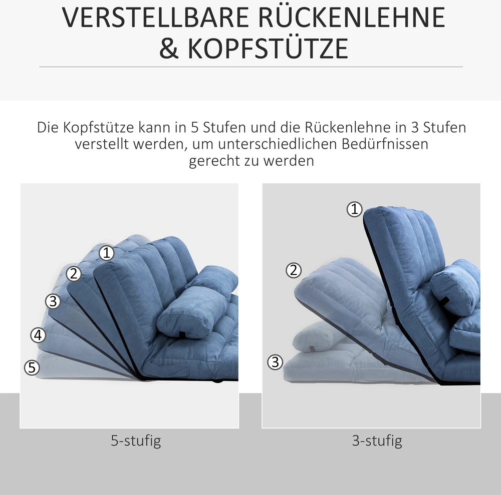 Sofa HOMCOM grindų kėdė 2in1 grindų fotelis sulankstomas lovos atlošas 3 padėtys reguliuojama sėdynės pagalvėlė aksomas plienas mėlyna 102x73x60cm
