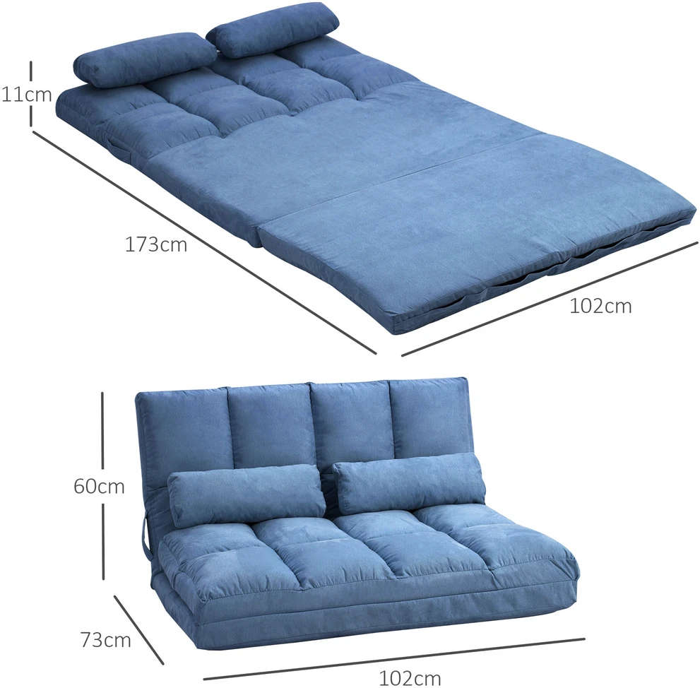 Sofa HOMCOM grindų kėdė 2in1 grindų fotelis sulankstomas lovos atlošas 3 padėtys reguliuojama sėdynės pagalvėlė aksomas plienas mėlyna 102x73x60cm